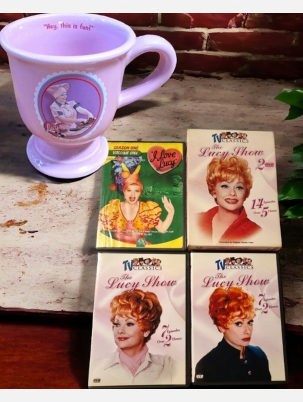 Vintage I Love Lucy Bundle Pink Ceramic Pedestal Mug with 3 Retro TV Show DVDs